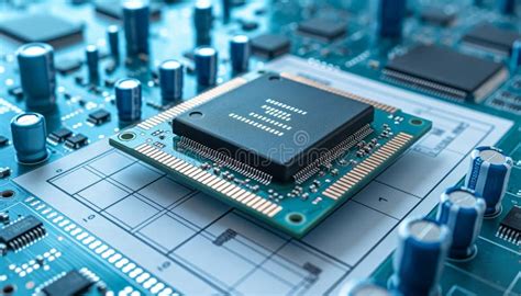 Macro Detail Of Electronic Cpu On Blue Pcb Stock Image Image Of