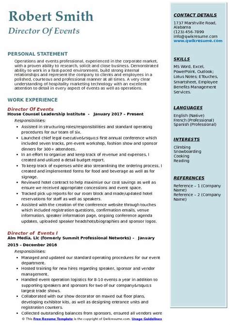 Director Of Events Resume Samples Qwikresume