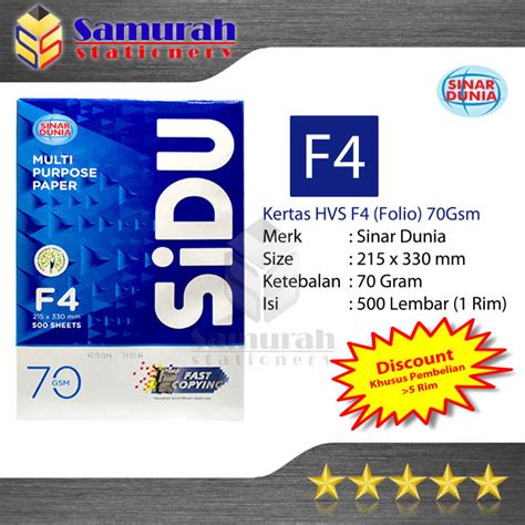 Kertas Hvs Sinar Dunia Folio F4 75 Gsm Hvs Sidu F4 75 Gram Kertas