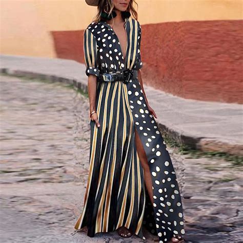 Bohoartist Women Sexy Long Dress Polka Dots Striped V Neck Loose Boho