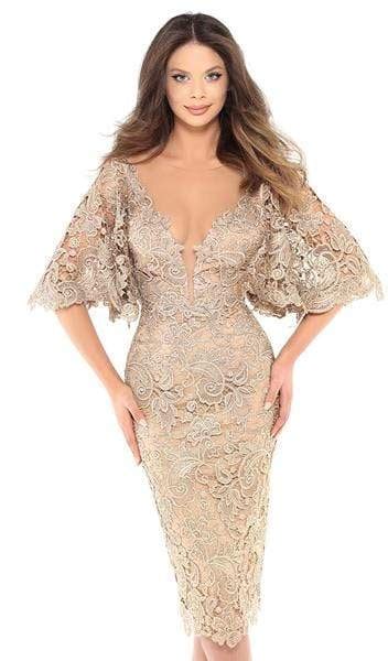 Tarik Ediz 93740 Floral Lace Bat Sleeve Illusion Plunging Neck Sheat