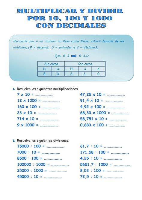 Ayudenme Porfavor Multiplicar Y Dividir Por 10 100 1000 Con Decimales