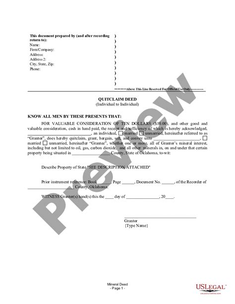 Oklahoma Quitclaim Mineral Deed For Individual To Individual Oklahoma