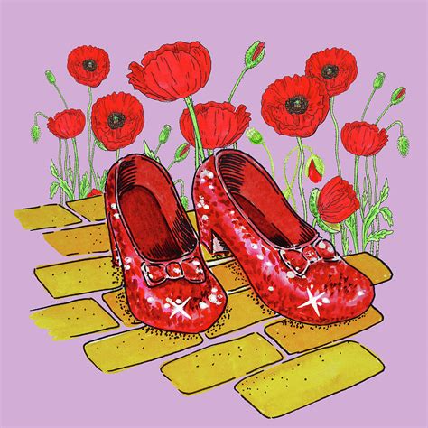 Wizard Of Oz Ruby Slippers And Red Poppies Yellow Brick Road On Soft Pink Painting By Irina