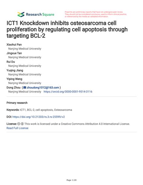 Pdf Ict Knockdown Inhibits Osteosarcoma Cell Proliferation By