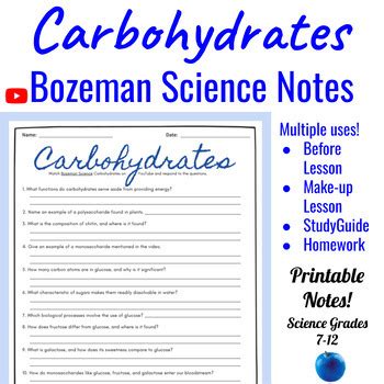 Carbohydrates Comprehensive Worksheet Bozeman Science Tpt