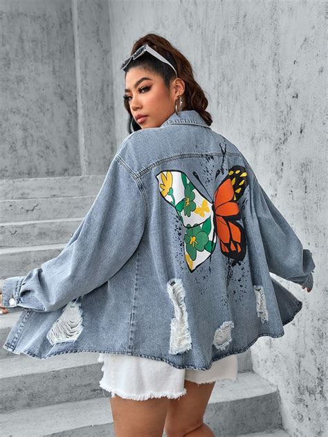 Plus Butterfly Print Ripped Drop Shoulder Denim Jacket Upcycle Clothes Diy Denim Jacket