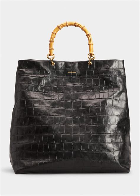 Jil Sander Croc Embossed Leather Bamboo Tote Bag Editorialist