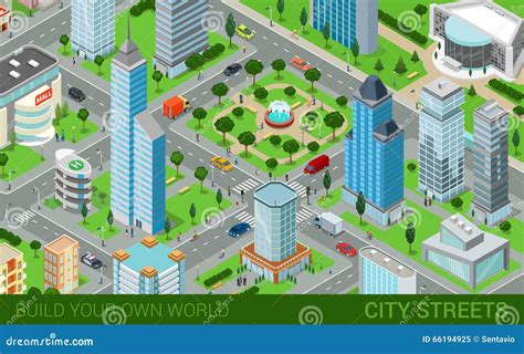 City Block Streets Transport Buildings Flat D Isometric Vector Stock