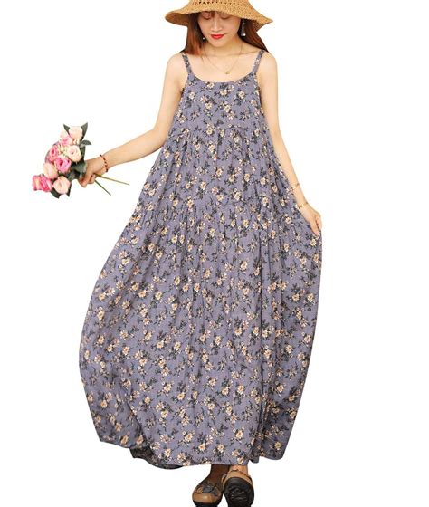 Women Casual Loose Bohemian Floral Print Empire Waist Spaghetti Strap Long Maxi Summer Beach