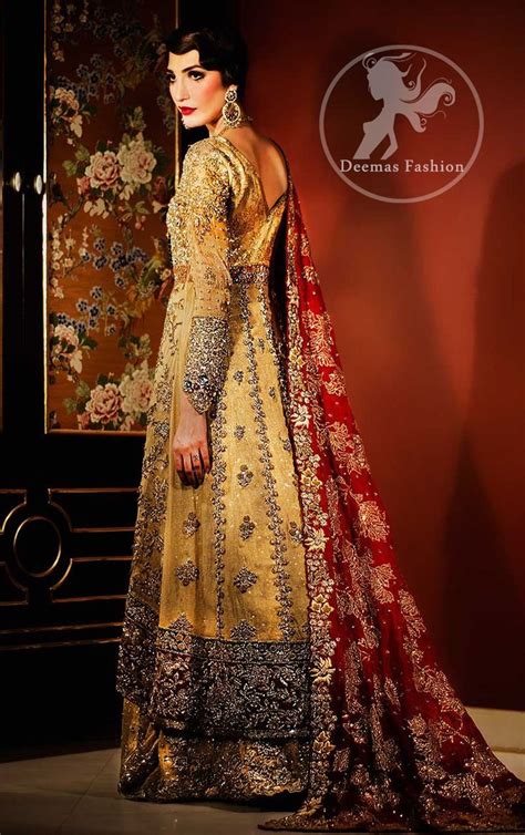 Golden Front Open Back Trail Gown Bridal Lehenga Deep Red Dupatta