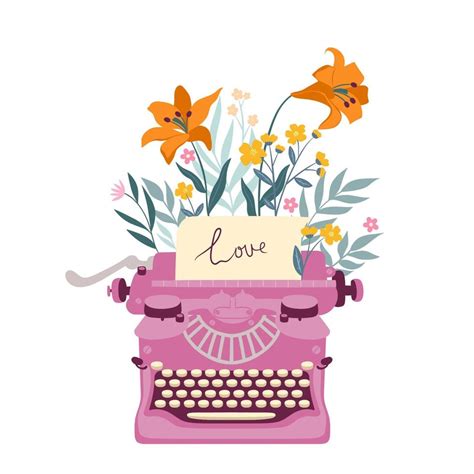 Old Style Pink Typewriter With Flowers Isolated On White Background