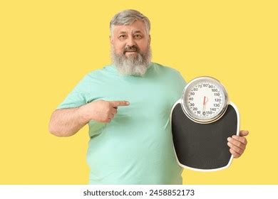 Overweight Happy Mature Man Scales On Stock Photo Shutterstock