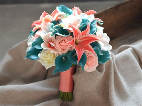 Coral Teal Bridal Bouquets Calla Lilies Wedding Bouquets Real Touch