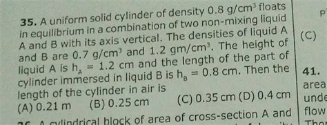 A Uniform Solid Cylinder Of Density G Cm Floats In Equilibrium