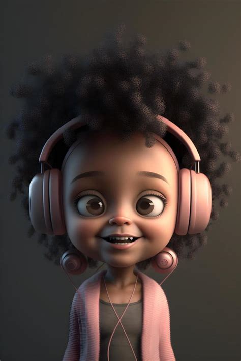 Cartoon Black Girl Listening To Music