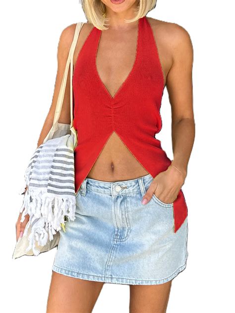 Women S Ribbed Knit Halter Tank Top Deep V Neck Cut Out Midriff Vest