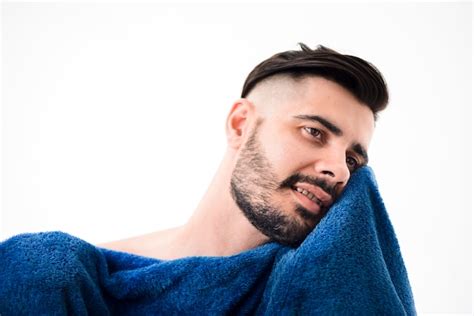 Free Photo Front View Handsome Man Wiping Himself With A Blue Towel