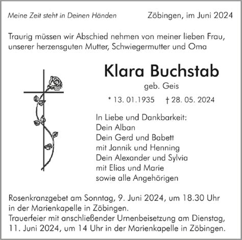 Traueranzeigen Von Klara Buchstab Schwaebische De Trauerportal