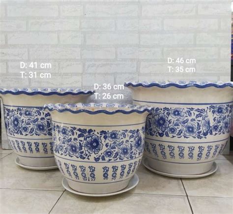 Promo Pot Tanaman Keramik Biru Putih 1set 3size Diskon 23 Di Seller