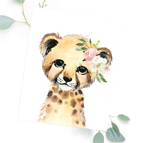 Watercolor Cheetah Painting With Flower Crown Floral Cheetah Etsy