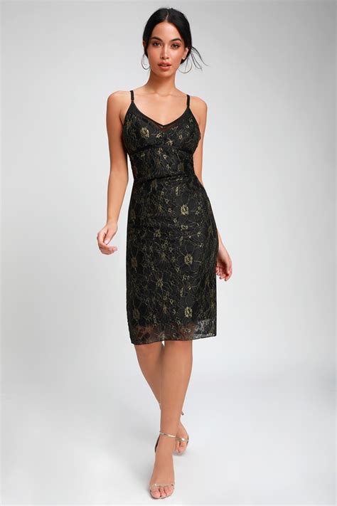 Lovely Black And Gold Lace Dress Bodycon Dress Midi Dress Lulus