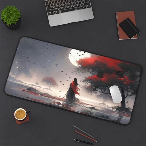 Sakura And Moon Aesthetic Desk Mat Samurai Desk Matkawaii Etsy