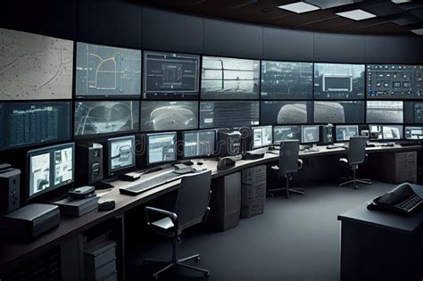 Surveillance Room Filled with Screens, Each Displaying Different View of the Building or Area ...