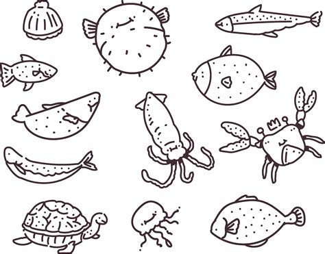 Set Of Different Sea Fish Hand Drawing Sea Fish Doodle Vector