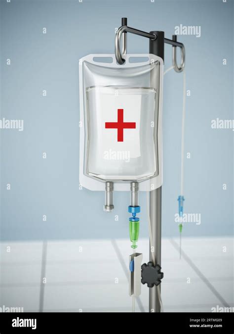 Wheeled Adjustable Iv Pole With Serum Bag In Hospital Corridor 3d