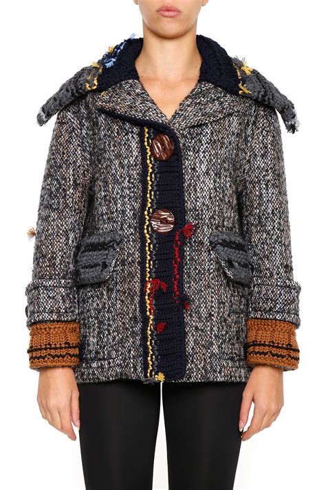 Prada Tweed Pea Coat Antracitegrigio Womens Coats Italist