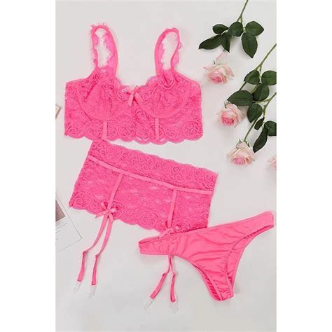 Pink Lace Three Piece Garter Bra And Brief Lingerie Set