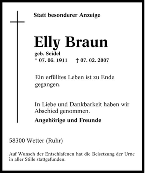 Traueranzeigen Von Elly Braun Trauer In NRW De