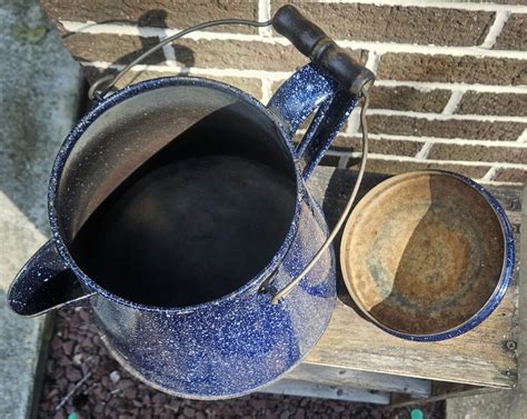 Vintage Large Enamel Granite Ware Blue Metal Coffee Pot Campfire Cowboy