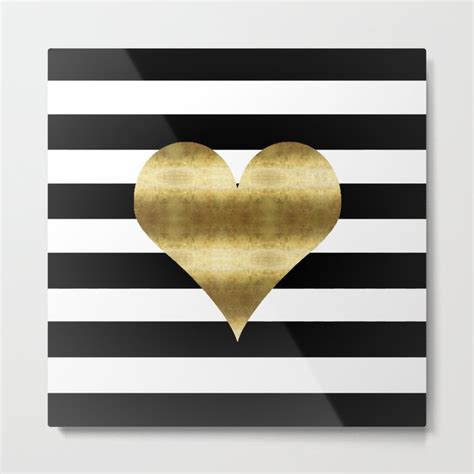 Gold Heart Black And White Stripe Metal Print By Huntleigh Society6