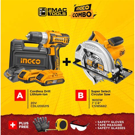 INGCO COMBO Cordless Drill Li Ion 20V CDLI200215 Circular Saw 1600W