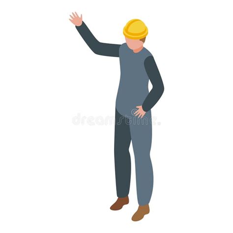 Construction Worker Wearing Hard Hat Raising Hand Isometric