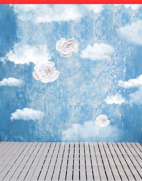 Abphoto Polyester Blue Wall White Cloud Flowers Painting Wooden Floor