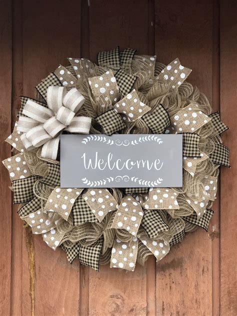 Welcome Wreath Farmhouse Rustic Etsy Welcome Wreath Fall Deco Mesh