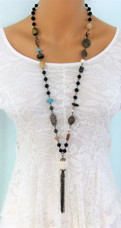 Bohemian Beaded Necklace Long Black Beaded Necklaces Beaded Tassel