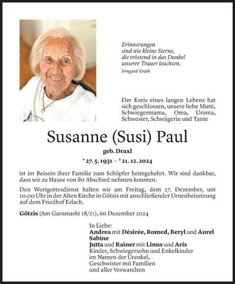 Todesanzeigen Von Susanne Paul Todesanzeigen Vorarlberger Nachrichten