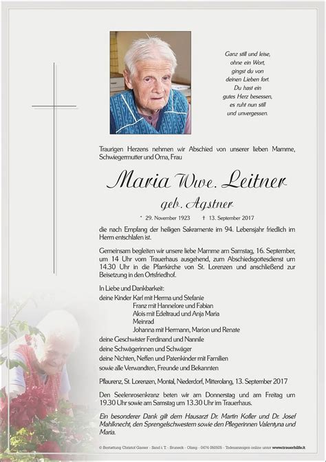 Maria Wwe Leitner aus St Lorenzen TrauerHilfe it das Südtiroler