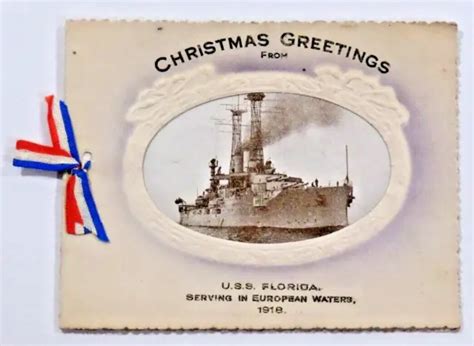 CHRISTMAS GREETINGS FROM USS FLORIDA Battleship WW1 1918 Greeting Card