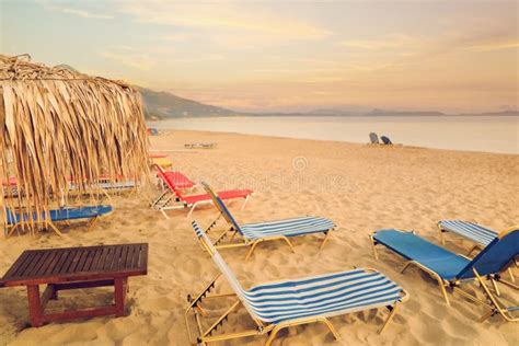 Colorful Sunbeds On Sandy Beach And Sea Stock Image Image Of Coast