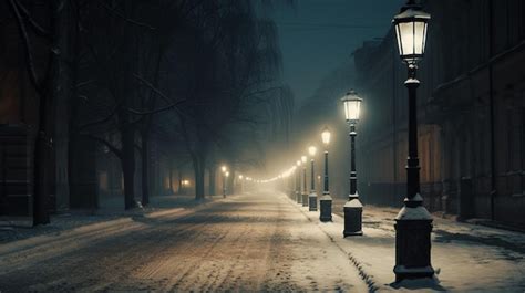 Premium AI Image | A snowy street with lights on and a street lamp on the left side.