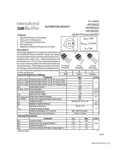 IRF2903ZL Datasheet HEXFET Power MOSFET