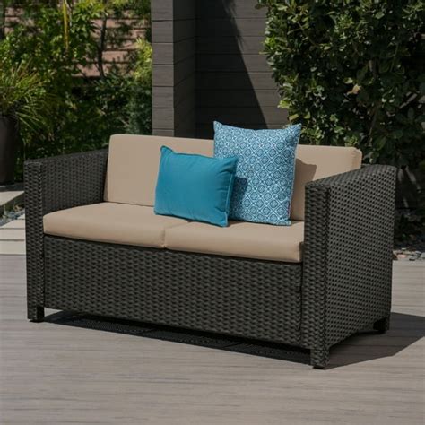 Priscilla Outdoor Wicker Loveseat with Cushions, Dark Brown, Beige ...