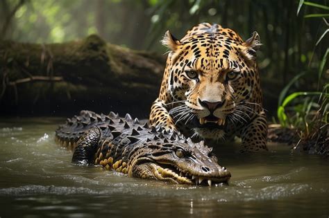 Premium Photo Jaguar Attacking Cayman Crocodile Animals In Wild