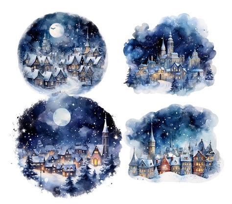 Winter Besneeuwde Stad Nacht Aquarel Clipart Transparante PNG