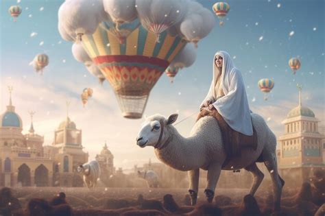 Premium AI Image A Woman Rides A Camel In Front Of A Hot Air Balloon